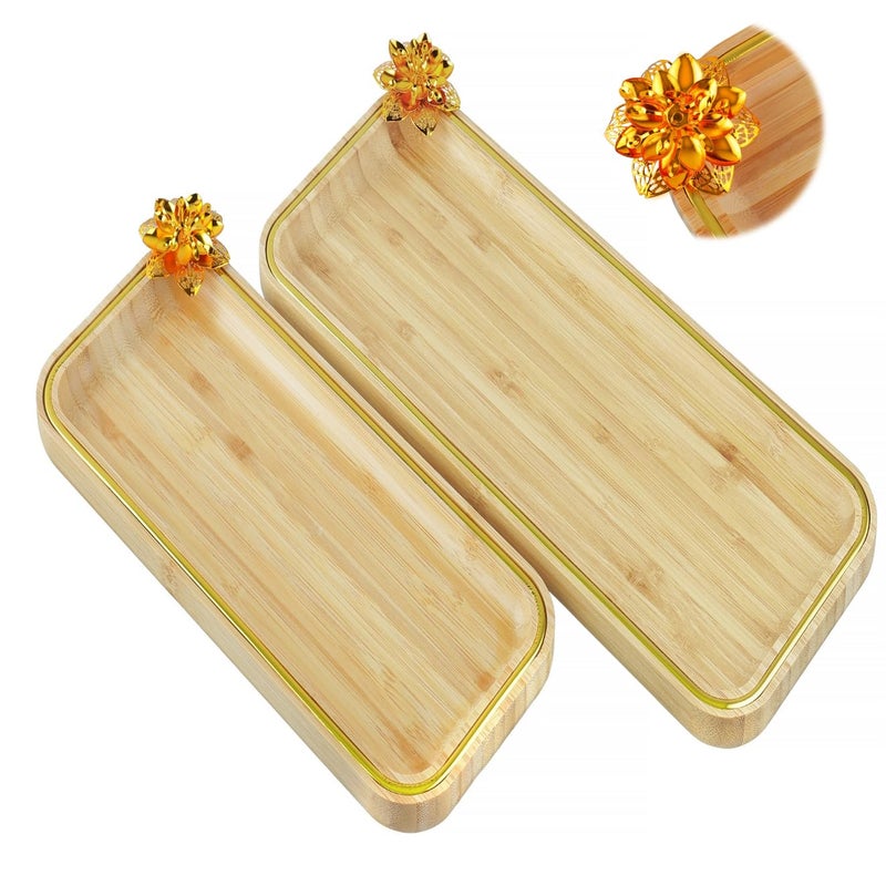 Kiwilon Bamboo Serving Tray Set of 2 with Golden Border and Flower Metal ArtI Wooden Starters Serving Tray to Serve Food, Sushi, Fruits, Pastry, Cupcake, Dryfruits Plattter (1 X Big, 1 X Small) - Image 1