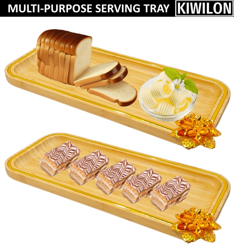Kiwilon Bamboo Serving Tray Set of 2 with Golden Border and Flower Metal ArtI Wooden Starters Serving Tray to Serve Food, Sushi, Fruits, Pastry, Cupcake, Dryfruits Plattter (1 X Big, 1 X Small) - Image 4