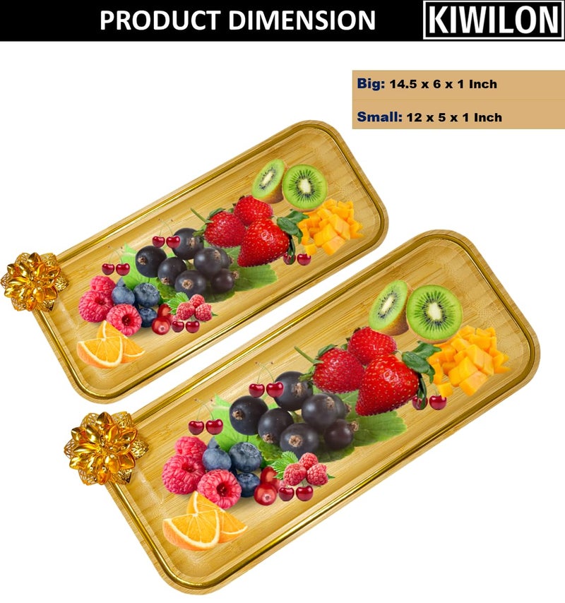 Kiwilon Bamboo Serving Tray Set of 2 with Golden Border and Flower Metal ArtI Wooden Starters Serving Tray to Serve Food, Sushi, Fruits, Pastry, Cupcake, Dryfruits Plattter (1 X Big, 1 X Small) - Image 2