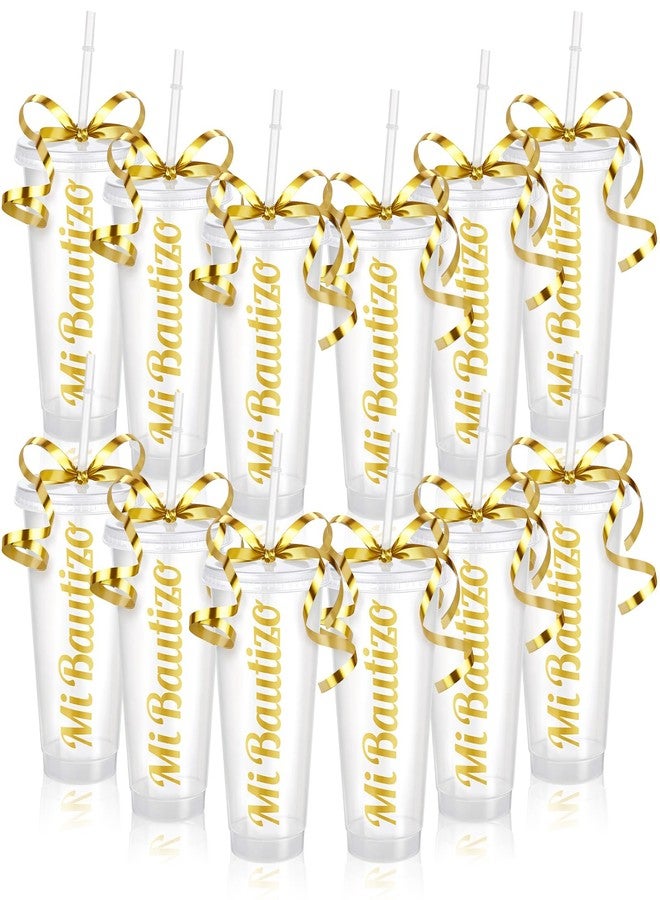 Willinglong 12 Pcs Mi Bautizo Cups Gold Baptism Party Decorations 24 oz Christian Plastic Cups Bulk with Lids Straws Ribbon for First Holy Communion Spanish Religious Baby Shower Party Supplies - Image 1