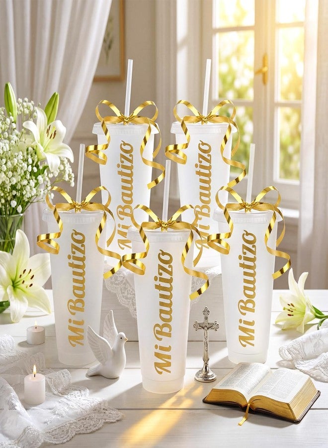 Willinglong 12 Pcs Mi Bautizo Cups Gold Baptism Party Decorations 24 oz Christian Plastic Cups Bulk with Lids Straws Ribbon for First Holy Communion Spanish Religious Baby Shower Party Supplies - Image 3