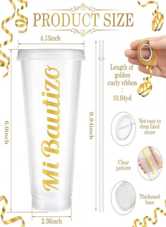 Willinglong 12 Pcs Mi Bautizo Cups Gold Baptism Party Decorations 24 oz Christian Plastic Cups Bulk with Lids Straws Ribbon for First Holy Communion Spanish Religious Baby Shower Party Supplies - Image 2