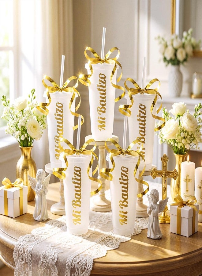 Willinglong 12 Pcs Mi Bautizo Cups Gold Baptism Party Decorations 24 oz Christian Plastic Cups Bulk with Lids Straws Ribbon for First Holy Communion Spanish Religious Baby Shower Party Supplies - Image 5