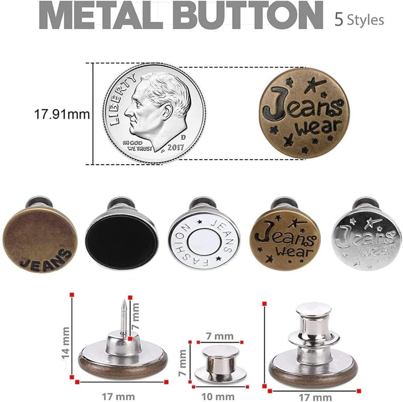 NIRDELIX 6pcs Detachable Button for Jeans 6 Styles No Sew Metal Buttons for Denims Waist Extender Button Removable Reusable Instant Button Without Sewing for Trousers Pants Bags Skirt Style A - Image 2