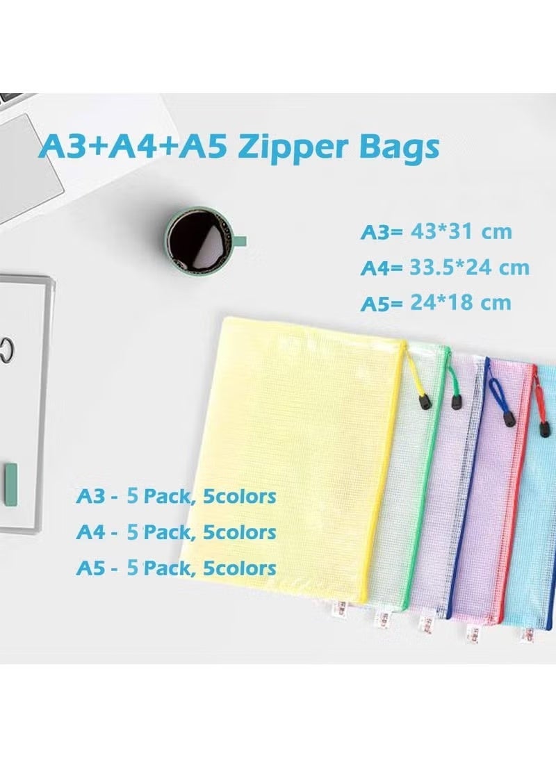 15 Pack Mesh Zipper Pouch Document Bags,A3/A4/A5 Size Document Bags Plastic Zip File Folders 5 Color Organize Bags Waterproof File Envelopes for School Office Supplies Cosmetics Travel Storage - Image 3