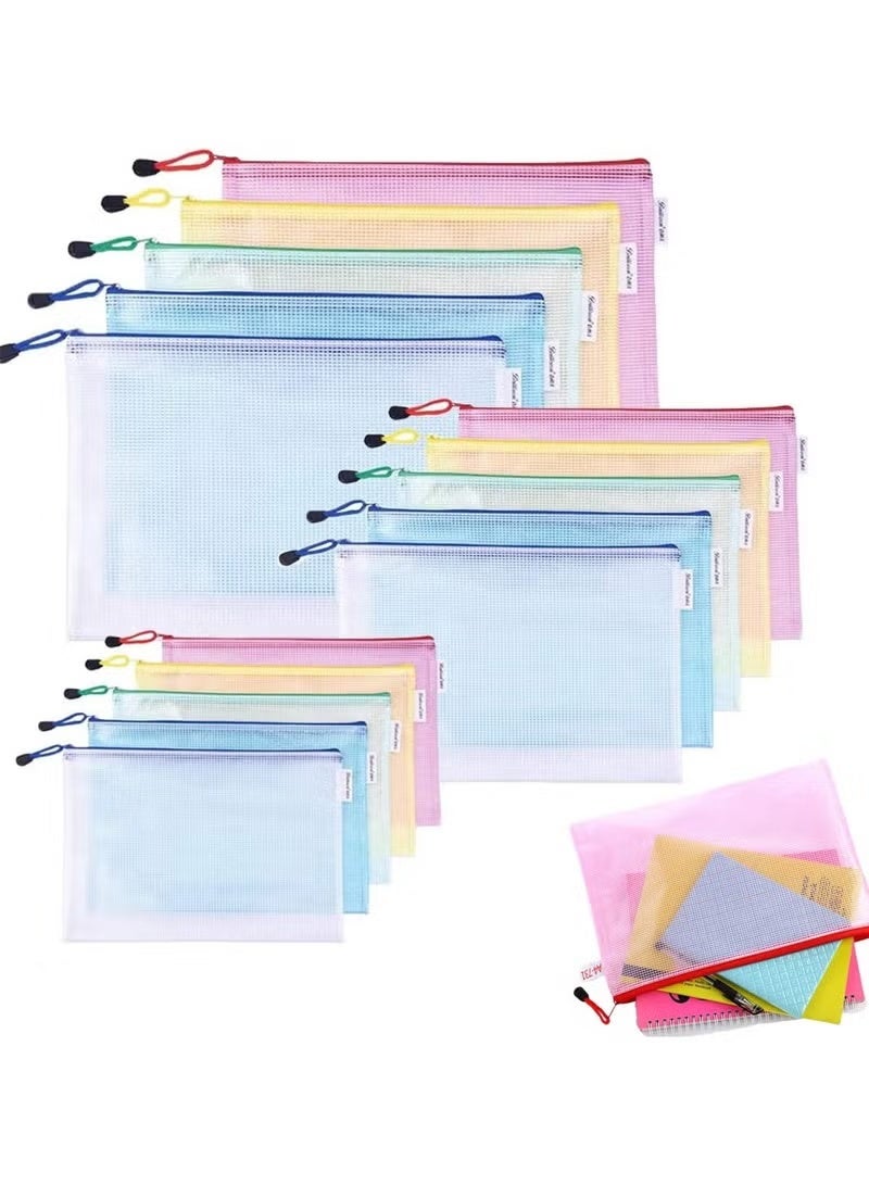 15 Pack Mesh Zipper Pouch Document Bags,A3/A4/A5 Size Document Bags Plastic Zip File Folders 5 Color Organize Bags Waterproof File Envelopes for School Office Supplies Cosmetics Travel Storage - Image 1