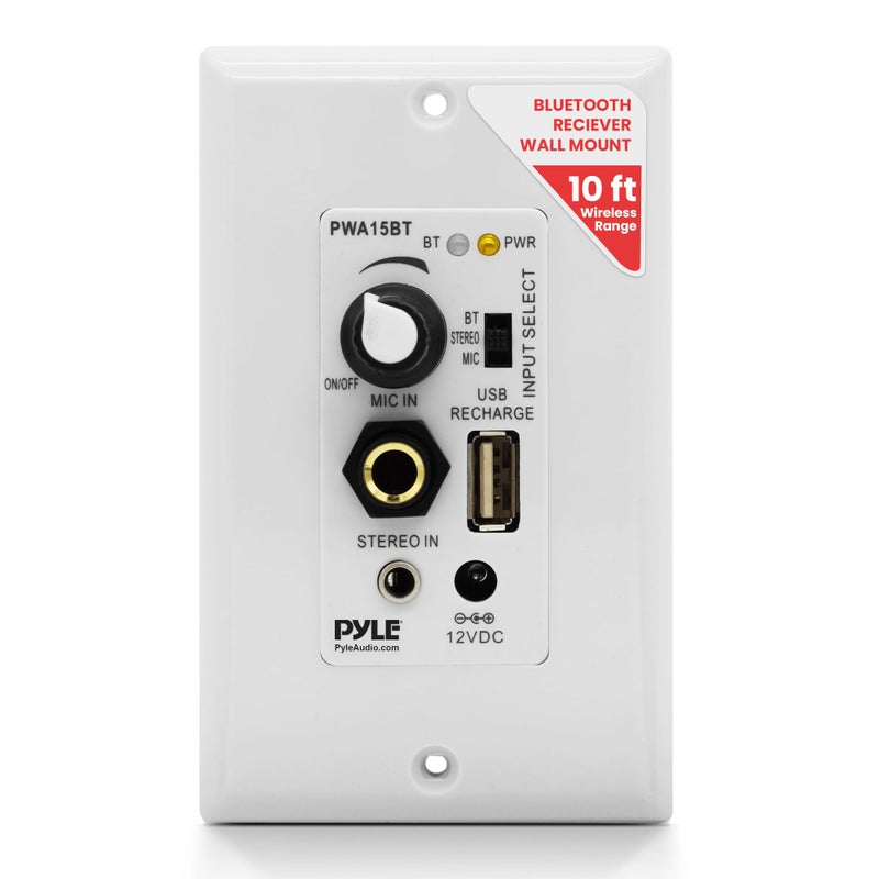 Pyle Wireless BT Receiver Wall Mount - 100W In-Wall Audio Control Receiver w/ Built-in Amplifier, USB/Microphone/Aux (3.5mm) Inputs, Speaker Terminal Block, Connect 2 Speakers, White - Pyle PWA15BT - Image 1