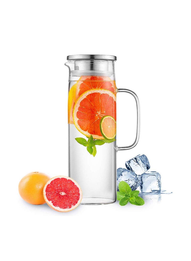 HwaGui Hwagui  Heat Resistant Glass Pitcher with Stainless Steel Lid Water Carafe with Handle Good Beverage Pitcher for Homemade Juice and Iced Tea 1000ml34oz 