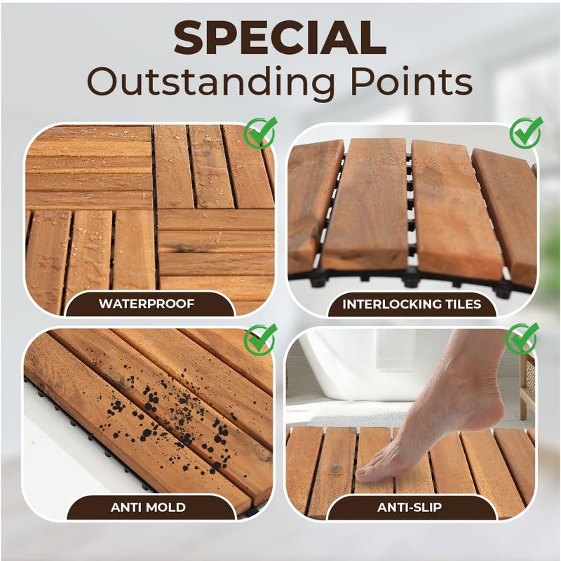 AN68 Pack of 10 Deck Tiles - 12"x12" Interlocking Natural Solid Acacia Wood for Outdoor & Indoor, Patio Garden, Balcony, Poolside - Teak Color - Image 3