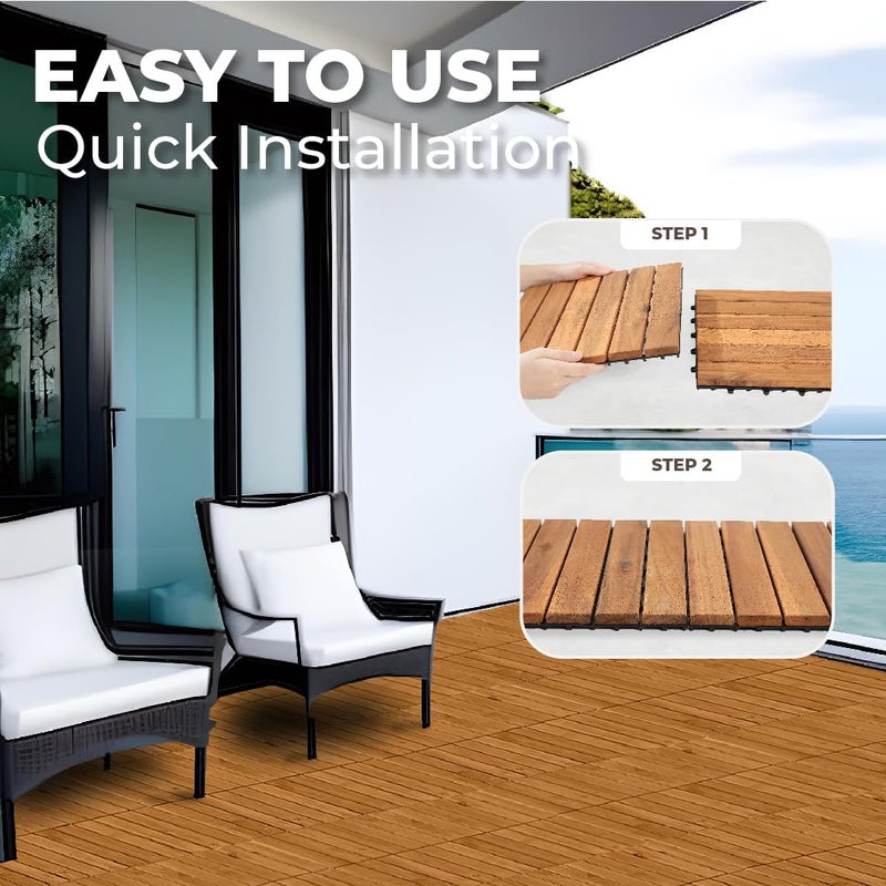 AN68 Pack of 10 Deck Tiles - 12"x12" Interlocking Natural Solid Acacia Wood for Outdoor & Indoor, Patio Garden, Balcony, Poolside - Teak Color - Image 5