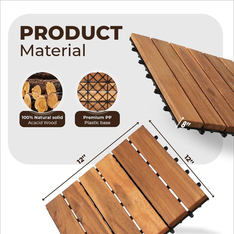 AN68 Pack of 10 Deck Tiles - 12"x12" Interlocking Natural Solid Acacia Wood for Outdoor & Indoor, Patio Garden, Balcony, Poolside - Teak Color - Image 2