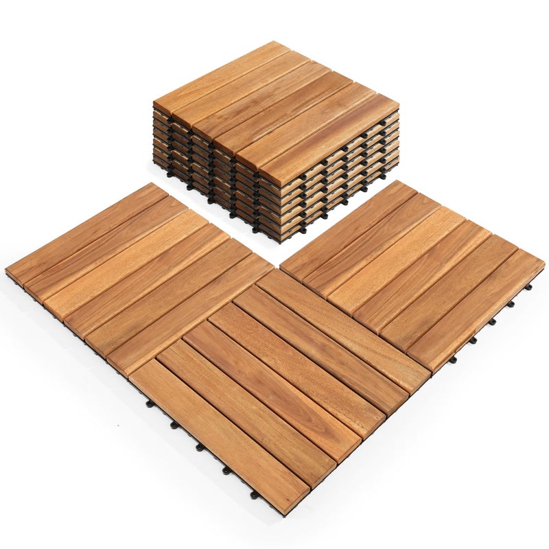 AN68 Pack of 10 Deck Tiles - 12"x12" Interlocking Natural Solid Acacia Wood for Outdoor & Indoor, Patio Garden, Balcony, Poolside - Teak Color - Image 1