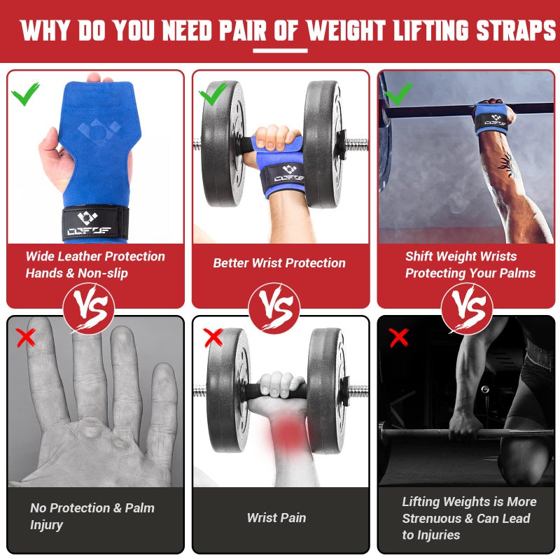 COFOF Weight Lifting Wrist Strap,Double Layer Leather Weightlifting Wrist Strap for Deadlift and Powerlifting, Adjustable Neoprene Padded Gym Workout Lifting Wrist Hooks for Men/Women(Pair) - Image 3