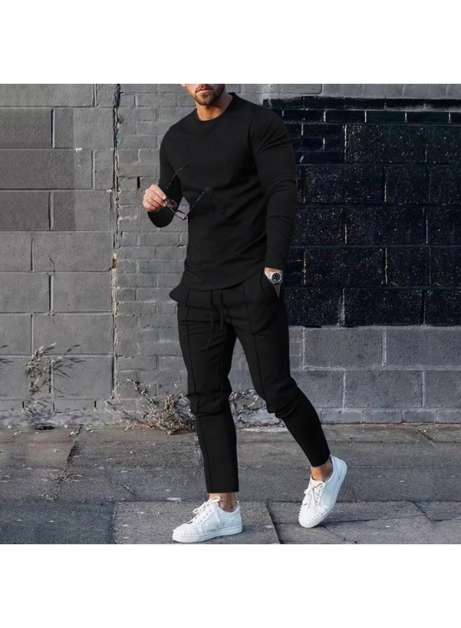 Men's Casual Long Sleeve T-Shirt And Pants Set round Neck Spring Two-Piece Pure Color Comfortable Lightweight Outfit - Image 1