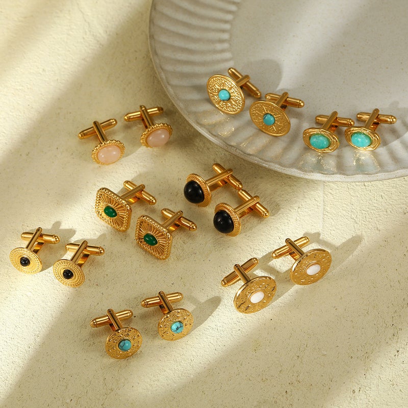 Turquoise Stainless Steel Cufflinks – Geometric Design for French Shirts - Image 2