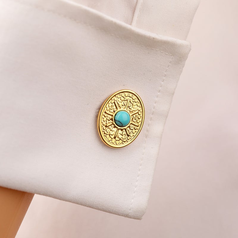 Turquoise Stainless Steel Cufflinks – Geometric Design for French Shirts - Image 4