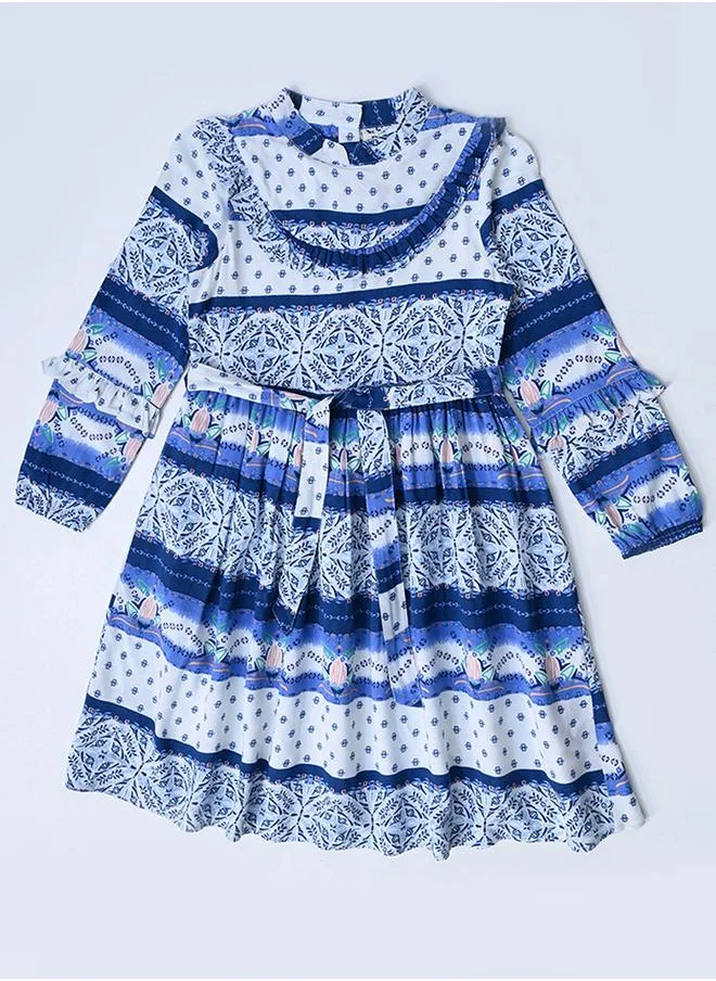 BELLA MODA Bella Moda All-Over Print Mandarin Collar Cotton Dress with Ruffle Trim