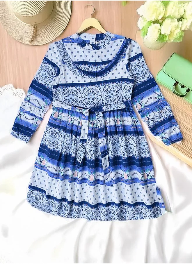 BELLA MODA Bella Moda All-Over Print Mandarin Collar Cotton Dress with Ruffle Trim
