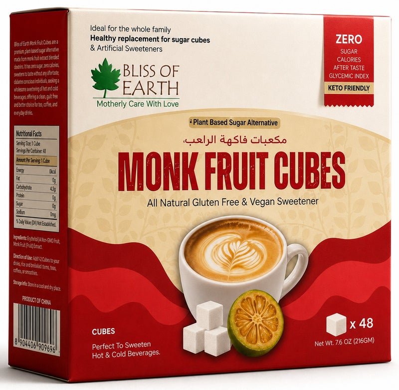 Bliss of Earth Monk Fruit Sweetener Cubes, Zero Calorie Natural Sugar Substitute, Keto & Diabetic Friendly, Sugar Free Sweetener for Tea Coffee & Baking, Pre-Portioned 216g (48 Cubes) - Image 1