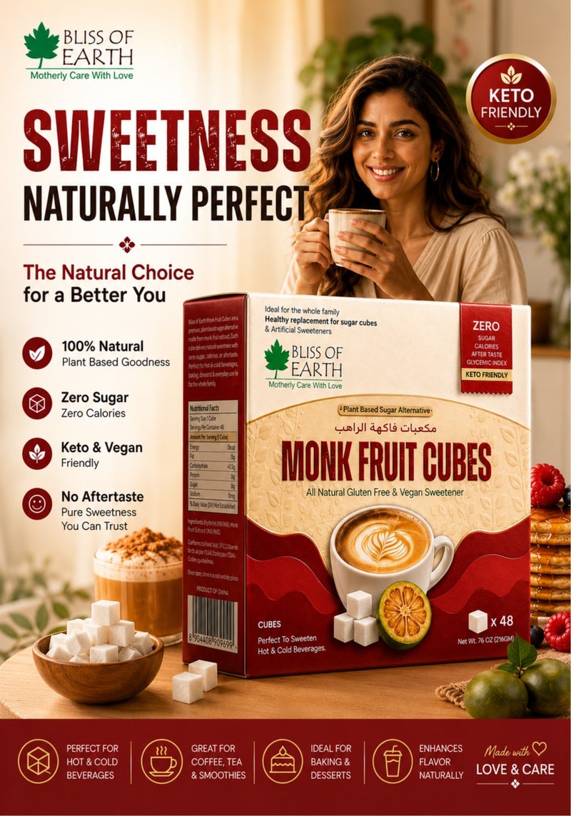 Bliss of Earth Monk Fruit Sweetener Cubes, Zero Calorie Natural Sugar Substitute, Keto & Diabetic Friendly, Sugar Free Sweetener for Tea Coffee & Baking, Pre-Portioned 216g (48 Cubes) - Image 3
