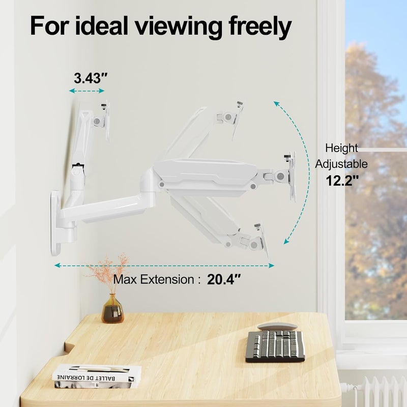 MOUNT PRO Dual Monitor Wall Mount for 13 to 32 Inch Computer Screens, Gas Spring Wall Monitor Arm for 2 Monitors, Each Holds Up to 19.8lbs, Adjustable Wall Monitor Mount with VESA 75x75/100x100, White - Image 5