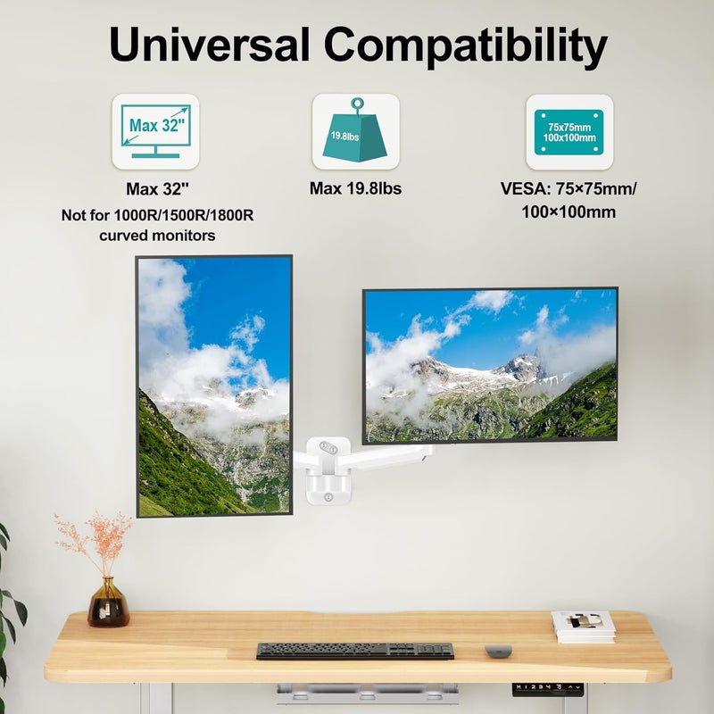 MOUNT PRO Dual Monitor Wall Mount for 13 to 32 Inch Computer Screens, Gas Spring Wall Monitor Arm for 2 Monitors, Each Holds Up to 19.8lbs, Adjustable Wall Monitor Mount with VESA 75x75/100x100, White - Image 3