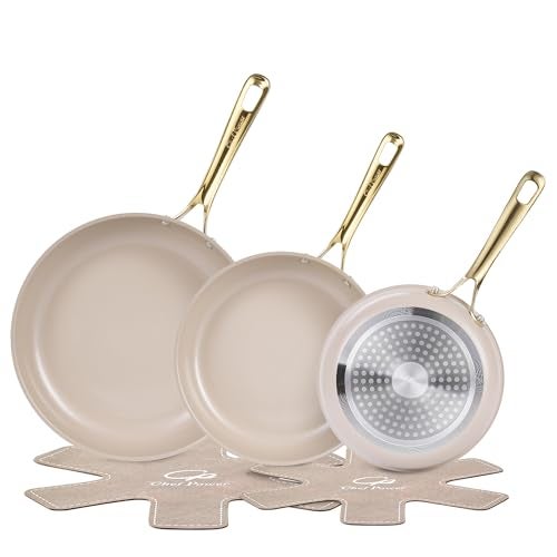 Chef Power Ceramic Frying Pan with Stainless Steel Handle 5Pcs Set, Non Stick Grill Pan Set, Dishwasher and Oven Safe, Taupe and Light Gold Handle - Image 1