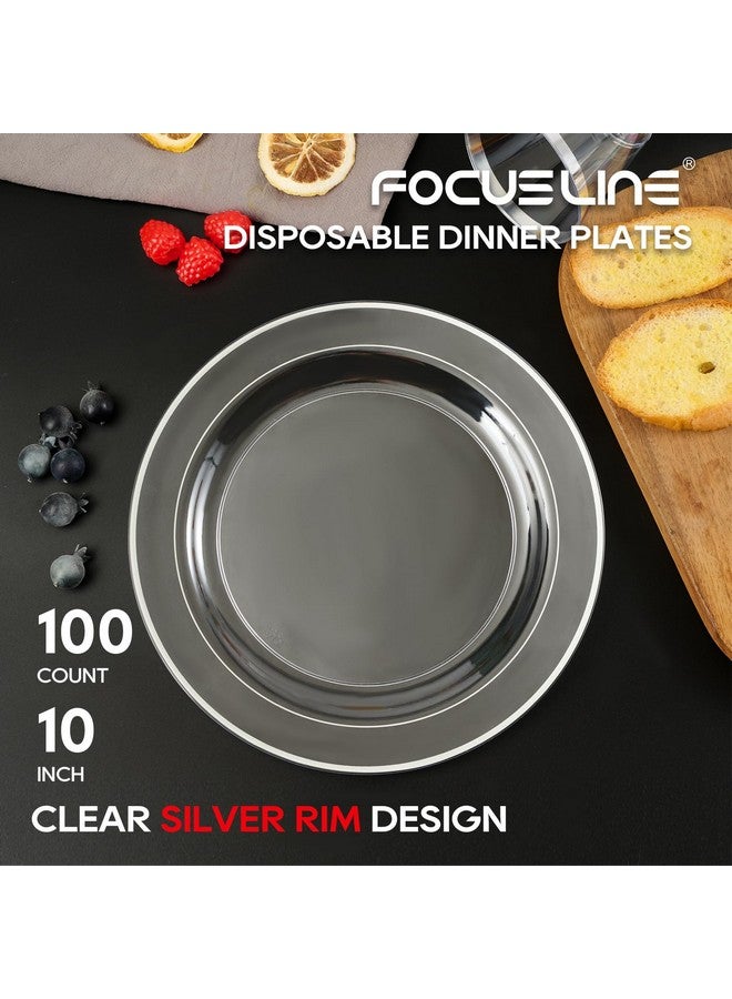 FOCUSLINE 100 Clear Silver Plastic Plates 10 Inch, Disposable Clear Plates with Silver Rim, Premium Hard Plastic Plate Fancy Disposable Dinner Plate for Wedding Parties - Image 1