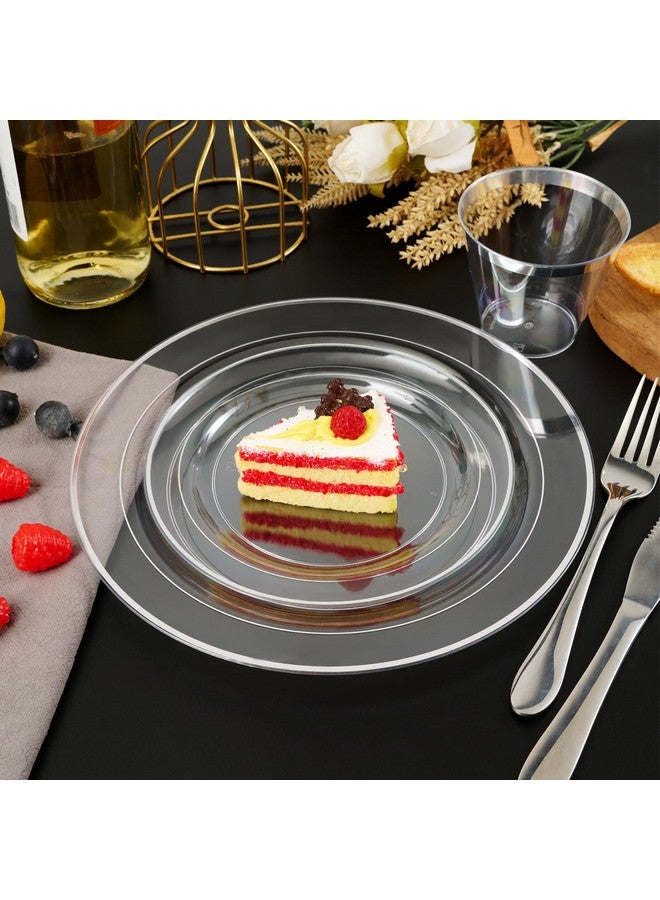 FOCUSLINE 100 Clear Silver Plastic Plates 10 Inch, Disposable Clear Plates with Silver Rim, Premium Hard Plastic Plate Fancy Disposable Dinner Plate for Wedding Parties - Image 2