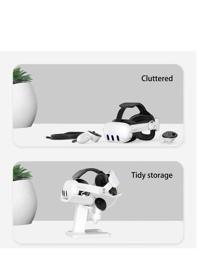 قاعدة شحن لسماعة Meta Quest 3 VR مع ضوء LED، حامل عرض لوحدات التحكم اللمسية، قاعدة بيضاء - Image 3