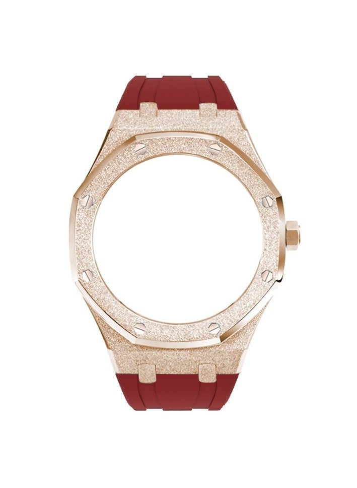 AROAQ GA2100 Metal Watch Band Case Replacement Kit, Stainless Steel Strap Bezel Accessories, Frosted Surface Stainless Steel Bracelet Case Mod For Shock, (Frost gold rose gold shell red tape) - Image 1