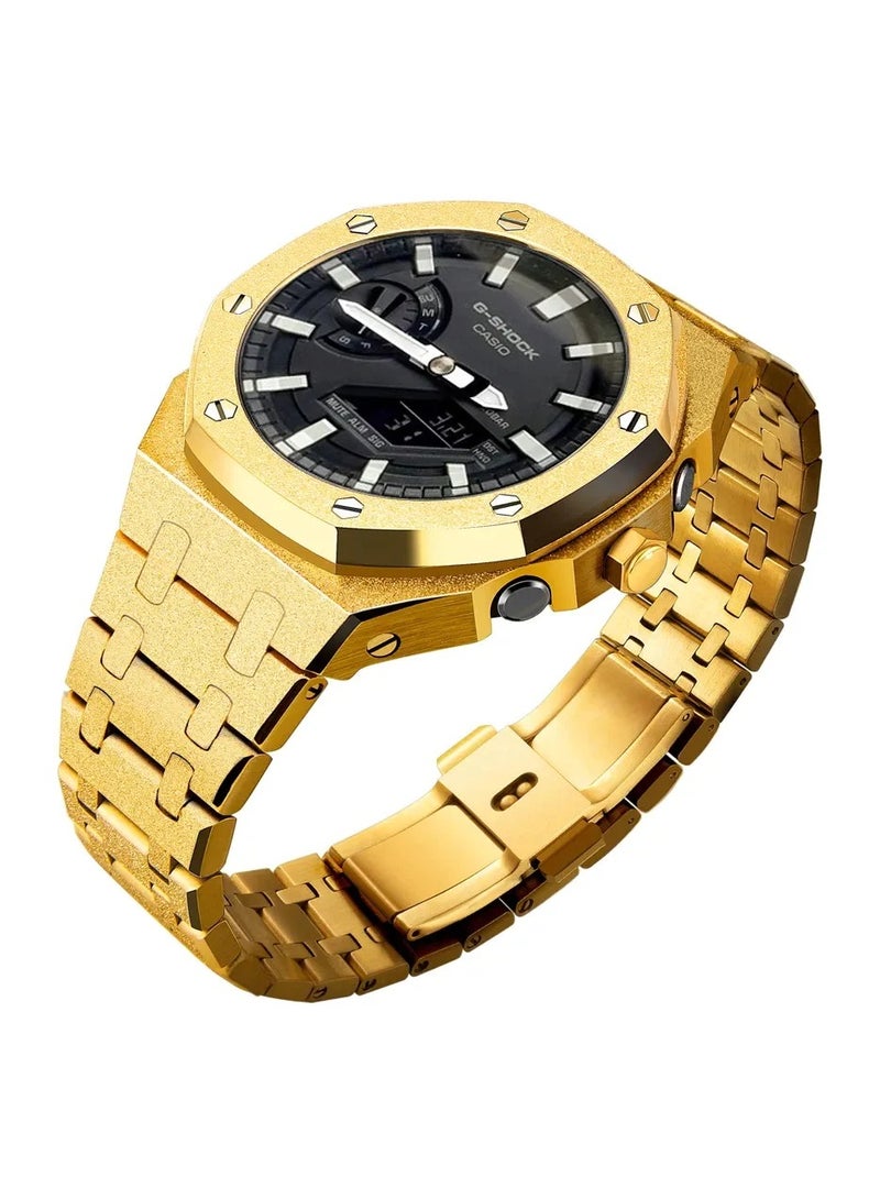 AROAQ GA2100 Metal Watch Band Case Replacement Kit, Stainless Steel Strap Bezel Accessories, Frosted Surface Stainless Steel Bracelet Case Mod For Shock, (Frost gold rose gold shell red tape) - Image 2