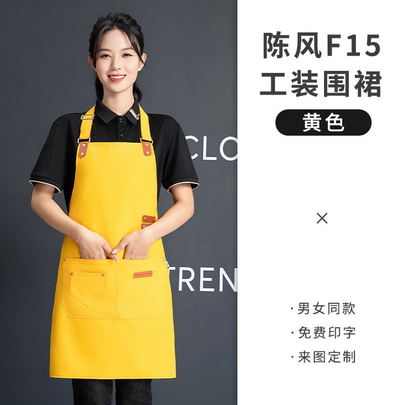 Canvas Apron Printing Embroidered logo Printing Supermarket Milk Tea Shop Coffee Hot Dyeing Specialist Catering Special Waterproof Work Clothes Women Yellow