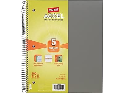 STAPLES TR15761M 5Subject Notebook 85Inch x 11Inch College Ruled 200 Sheets Asst Colors - Image 1