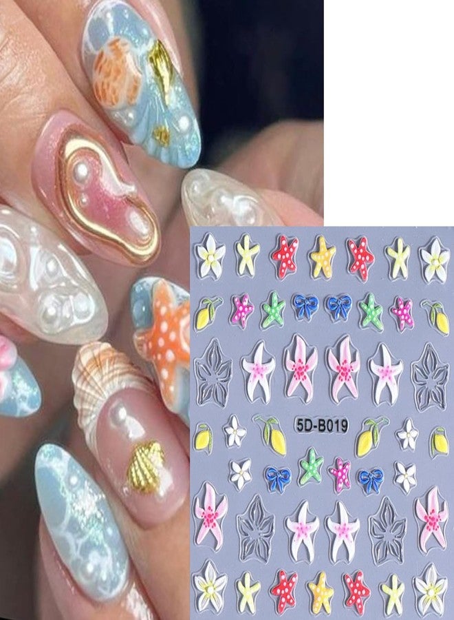 BYJKYEN Summer Nail Stickers Colorful Flower Nail Decals 5D Embossed Self-Adhesive Starfish Shell Hawaiian Flowers Bow Design Nails Sticker Beach Style Salon Manicure Decoration for Women - Image 4