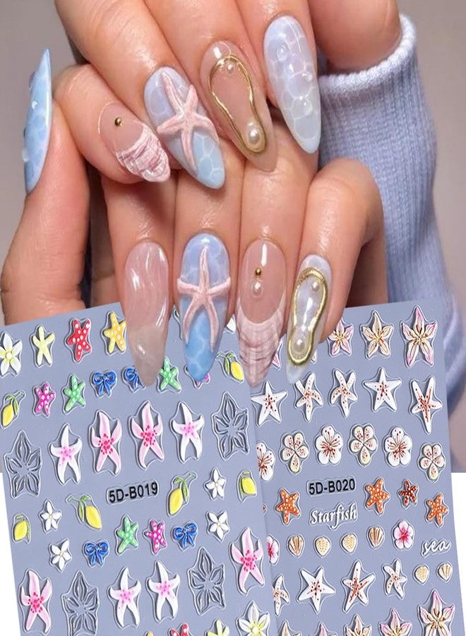 BYJKYEN Summer Nail Stickers Colorful Flower Nail Decals 5D Embossed Self-Adhesive Starfish Shell Hawaiian Flowers Bow Design Nails Sticker Beach Style Salon Manicure Decoration for Women - Image 2