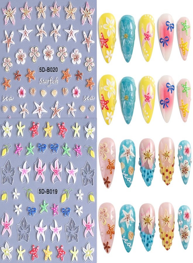 BYJKYEN Summer Nail Stickers Colorful Flower Nail Decals 5D Embossed Self-Adhesive Starfish Shell Hawaiian Flowers Bow Design Nails Sticker Beach Style Salon Manicure Decoration for Women - Image 1