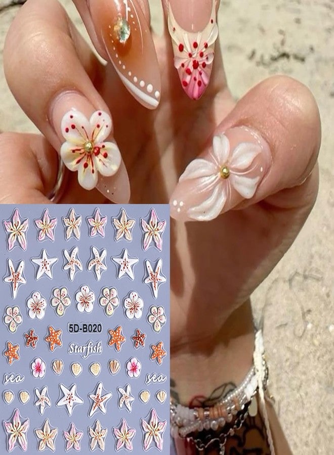 BYJKYEN Summer Nail Stickers Colorful Flower Nail Decals 5D Embossed Self-Adhesive Starfish Shell Hawaiian Flowers Bow Design Nails Sticker Beach Style Salon Manicure Decoration for Women - Image 5