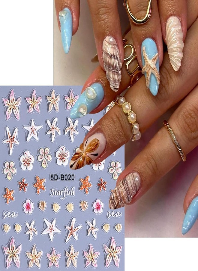 BYJKYEN Summer Nail Stickers Colorful Flower Nail Decals 5D Embossed Self-Adhesive Starfish Shell Hawaiian Flowers Bow Design Nails Sticker Beach Style Salon Manicure Decoration for Women - Image 3