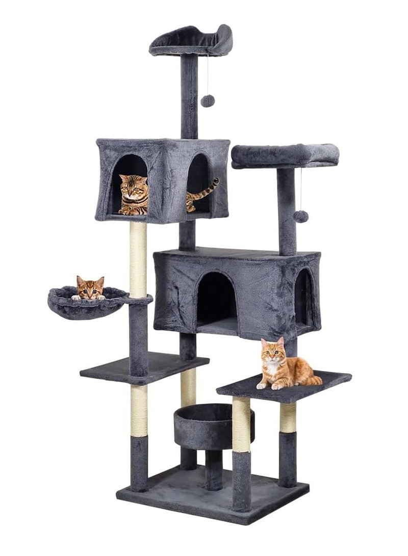 أن ان سي بيتس برج شجرة القطط للقطط والقطط الصغيرة - برج قطط متعدد المستويات مع مجثمات مزدوجة، وكرات متدلية، وعمود خدش للقطط، وأرجوحة مريحة، وشقق مزدوجة، وعش للقطط - بيت للحيوانات الأليفة بطول 185 سم (رمادي غامق) - Image 1