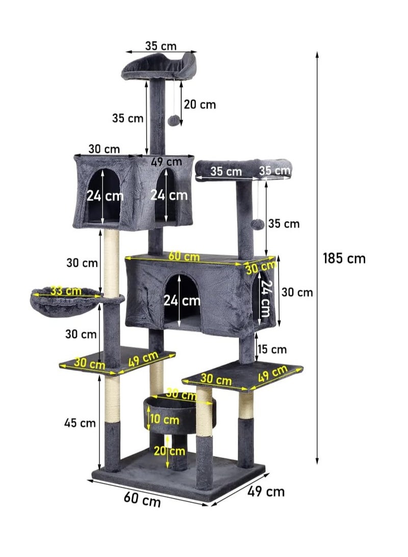 أن ان سي بيتس برج شجرة القطط للقطط والقطط الصغيرة - برج قطط متعدد المستويات مع مجثمات مزدوجة، وكرات متدلية، وعمود خدش للقطط، وأرجوحة مريحة، وشقق مزدوجة، وعش للقطط - بيت للحيوانات الأليفة بطول 185 سم (رمادي غامق) - Image 2