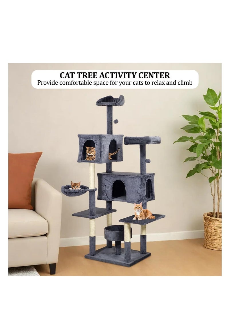 أن ان سي بيتس برج شجرة القطط للقطط والقطط الصغيرة - برج قطط متعدد المستويات مع مجثمات مزدوجة، وكرات متدلية، وعمود خدش للقطط، وأرجوحة مريحة، وشقق مزدوجة، وعش للقطط - بيت للحيوانات الأليفة بطول 185 سم (رمادي غامق) - Image 5
