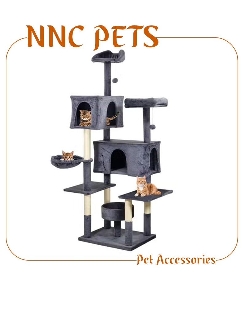 NNC PETS Cat Tree Tower for Cats and Kittens - Multi-level Cat Tower with Double Perches, Dangling Balls, Cat Scratching Post, Cozy Hammock, Double Condos and Cat Nest - Pet House 185 cm (Dark-grey) - Image 1