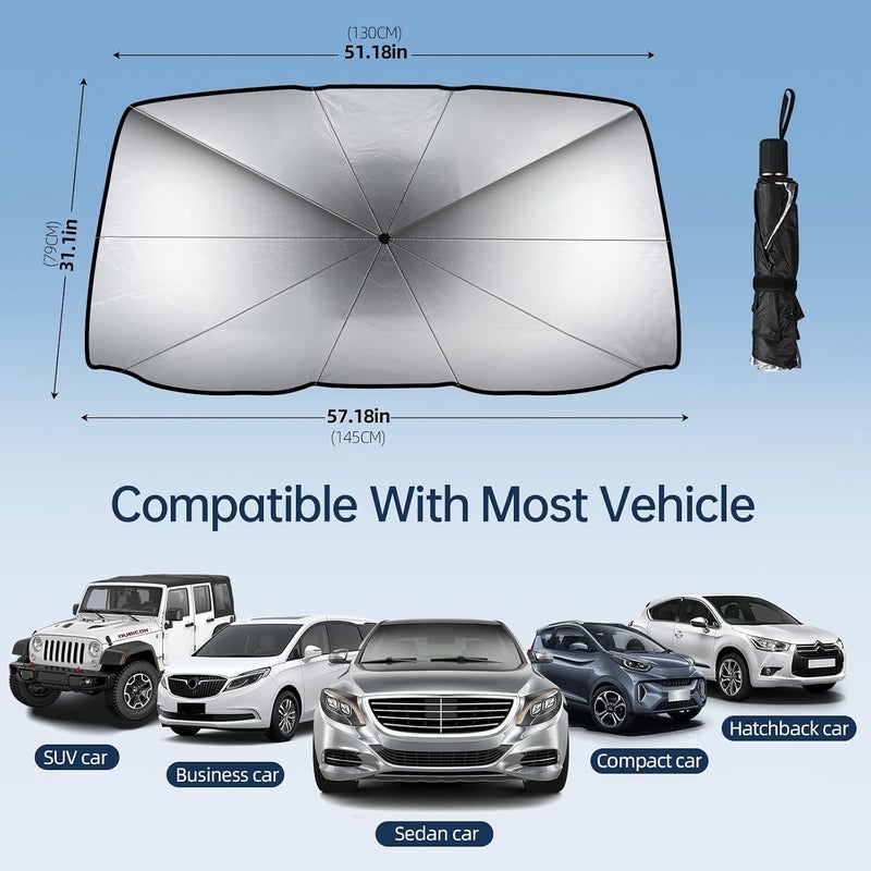 Car Windshield Sun Shade Umbrella, Foldable Car Umbrella Sunshade Cover Protect Vehicle from UV Sun, Easy to Store and Use, Keeps Vehicle Cool, Fit Most Vehicle (57 x 31 inches) - Image 2