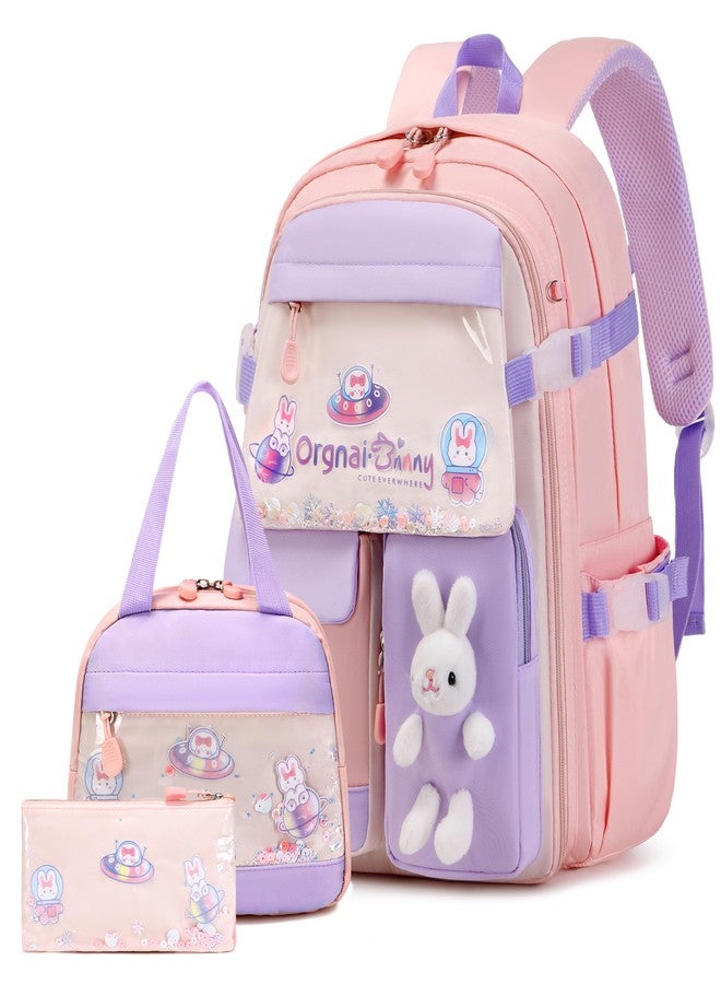 FIXITOK Girls Backpack Set, 3PCS Kids Backpack for Girls, Kawaii Bunny School Backpacks for Girls Kindergarten Elementary Preschool Middle School Bags with Lunch Box Pencil Case Pink - Image 1