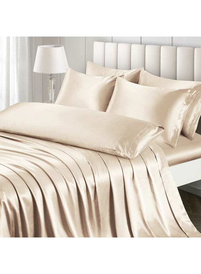 Ersmak 7 Pieces Satin Sheets Set King Size, Luxury Silky Beige Satin Bed Sheets Set with 1 Deep Pocket Fitted Sheet, 1 Soft Flat Sheet, 4 King Pillowcases and 1 Body Pillowcase - Image 1