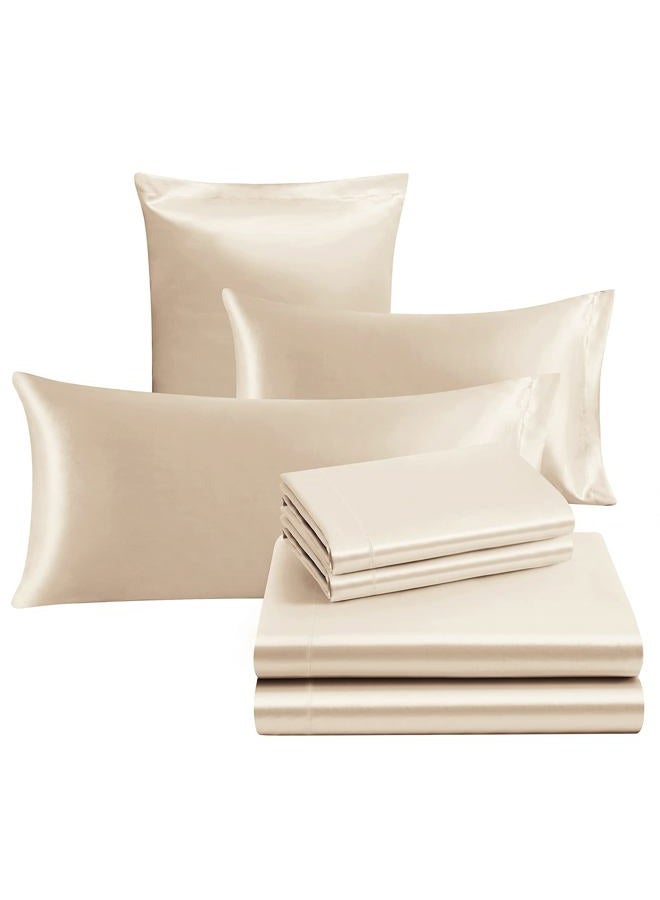Ersmak 7 Pieces Satin Sheets Set King Size, Luxury Silky Beige Satin Bed Sheets Set with 1 Deep Pocket Fitted Sheet, 1 Soft Flat Sheet, 4 King Pillowcases and 1 Body Pillowcase - Image 3