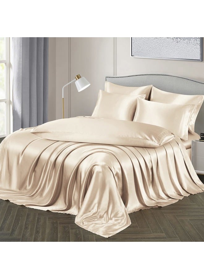 Ersmak 7 Pieces Satin Sheets Set King Size, Luxury Silky Beige Satin Bed Sheets Set with 1 Deep Pocket Fitted Sheet, 1 Soft Flat Sheet, 4 King Pillowcases and 1 Body Pillowcase - Image 2