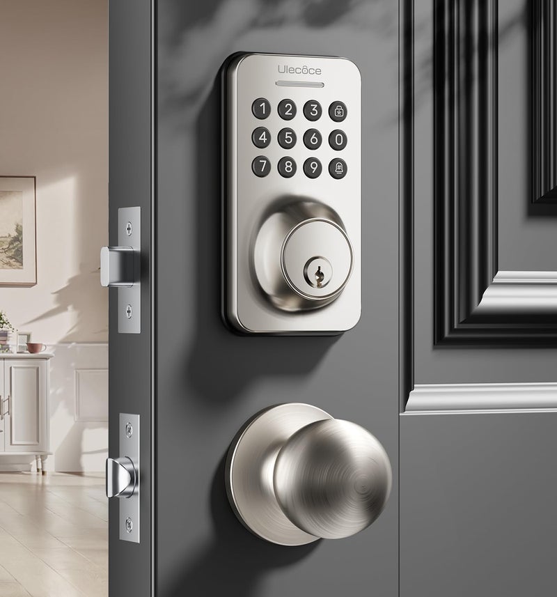 Ulecoce Keyless Entry Keypad Deadbolt with Handle Set, Smart Lock, Auto-Lock + One-Touch Lock, 100 Codes + Easy Install, Ideal for Airbnb/Homes/Offices, Fits U.S. Standard Front Doors, Satin Nickel - Image 1