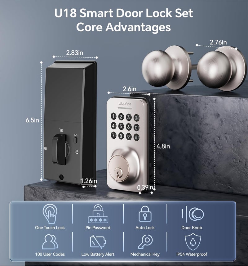 Ulecoce Keyless Entry Keypad Deadbolt with Handle Set, Smart Lock, Auto-Lock + One-Touch Lock, 100 Codes + Easy Install, Ideal for Airbnb/Homes/Offices, Fits U.S. Standard Front Doors, Satin Nickel - Image 3